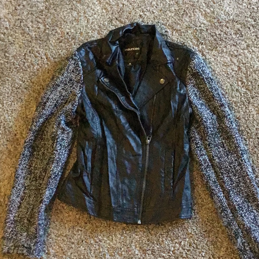 Small Maurices Black and Gray faux Leather Moto Jacket knit sleeves